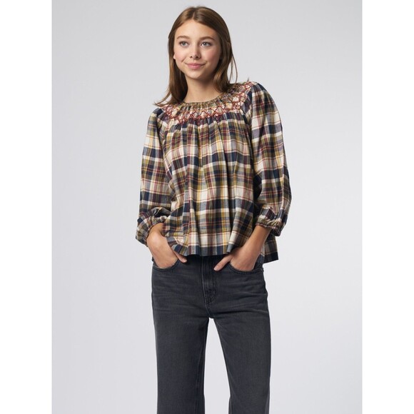 The Great. The Sea Glass Top Blouse Plaid Printed Smocked Cotton XL New 279822 - Picture 1 of 12